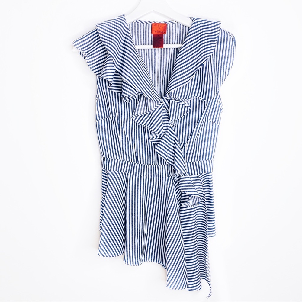 V Christina Blue White Sleeveless Peplum Shirt M